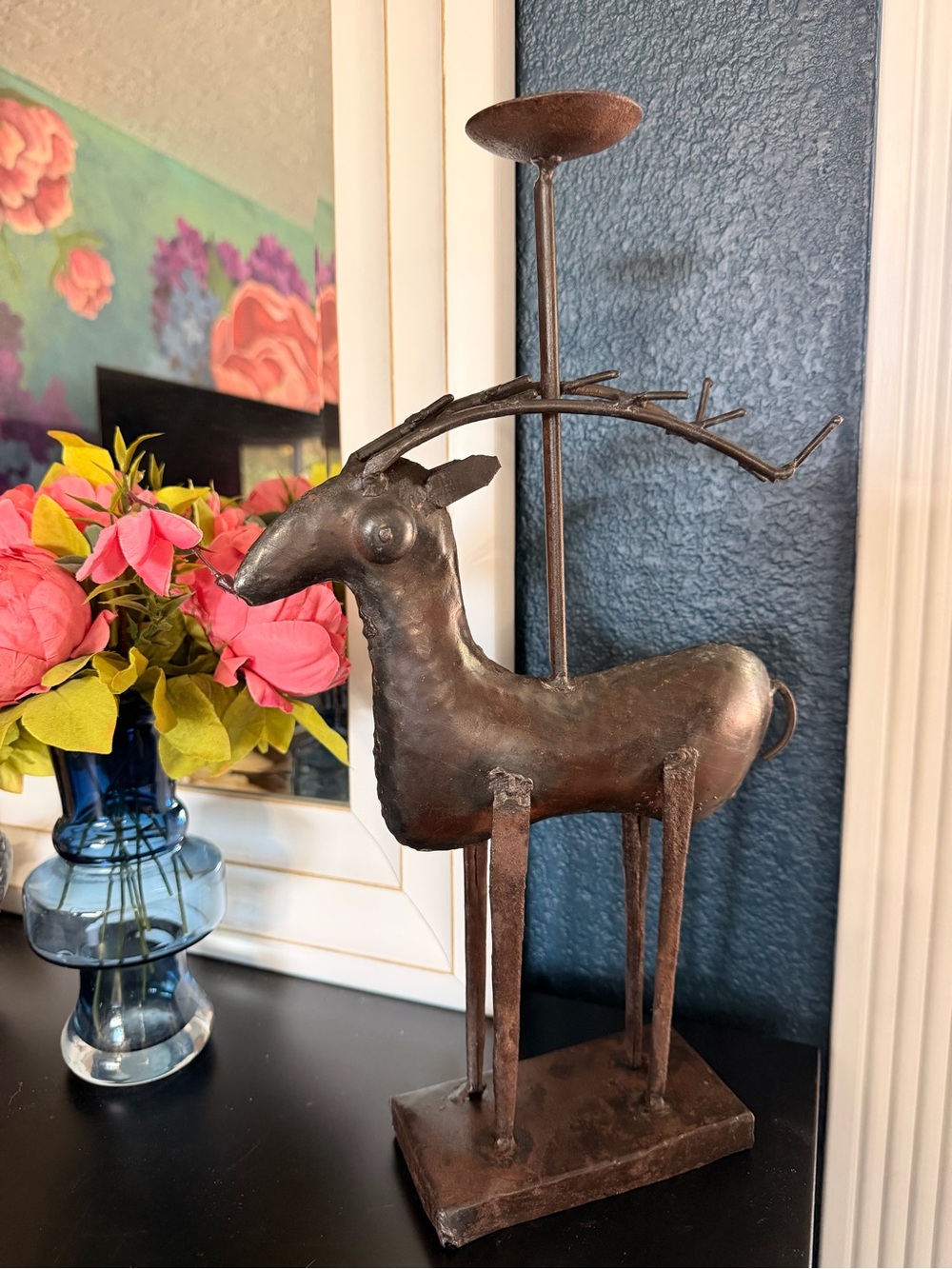 Vintage MCM Brutalist Welded Iron Deer Candle Holder - 17" Tall Folk Art